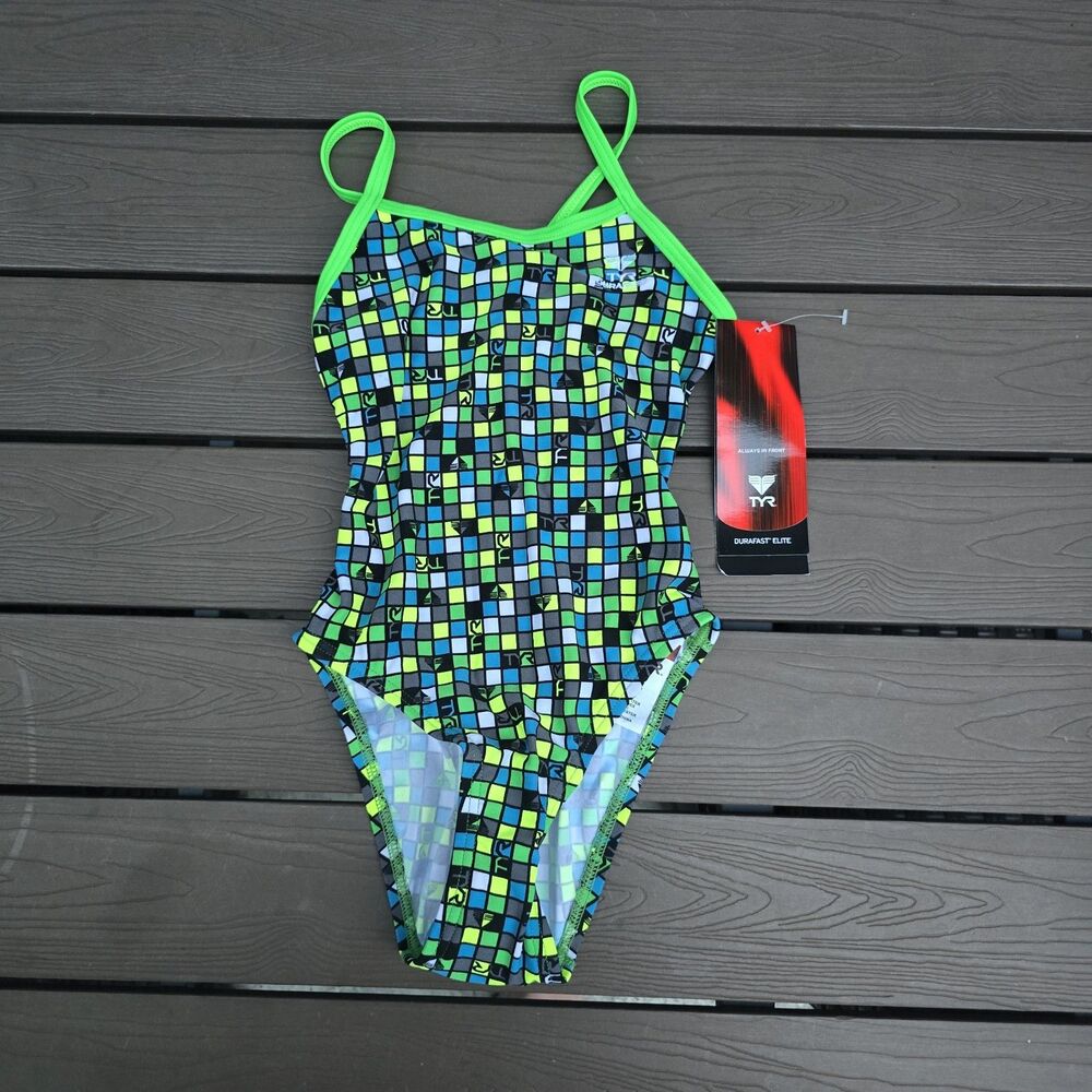 TYR Durafast Retro Check Women Crosscutfit Blue/green 1 Pc  Swimsuit SZ 28 New
